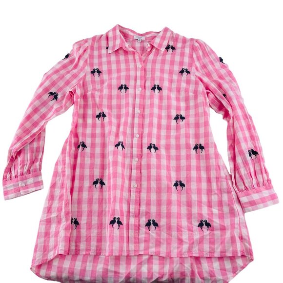Crown & Ivy Medium Pink Gingham Button-Down Shirt Tunic Embroidered Flamingos - Picture 1 of 5